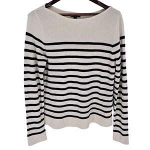 Lauren Ralph Lauren Striped Boat Neck Sweater Cream Navy Blue Ribbed Knit XL